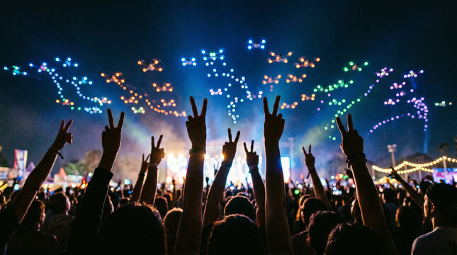 Crowd raises hands at night music festival with glowing drone light show.