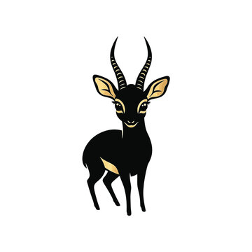 Stylized black and gold silhouette of a noble dik-dik antelope with long ribbed horns and large eyes, frontal view isolated on white background. Minimalist wildlife vector graphic.
