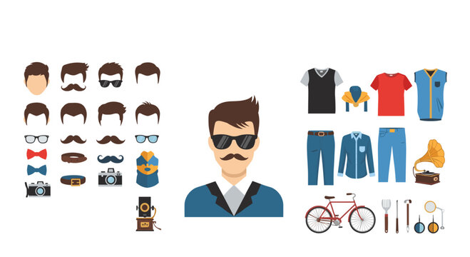 Comprehensive character customizer kit for a modern man featuring different hair styles, facial hair, glasses, and stylish clothing.