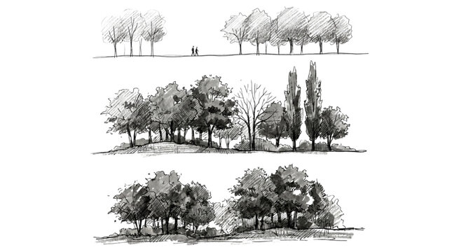 Detailed hand-sketched tree compositions for landscape CAD planning and architectural rendering projects