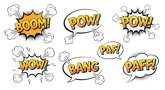 Collection of retro comic book speech bubbles with explosive sound effects like boom, pow, wow, and bang in a colorful pop art graphic style.