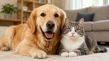 Plakat Golden retriever and tabby cat lying together in living room