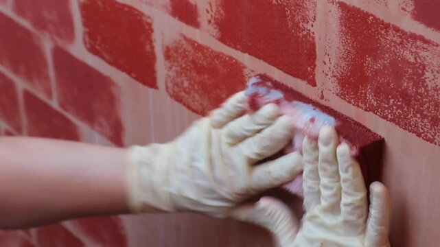 Primo piano di un artigiano edile con guanti protettivi bianchi mentre esegue con precisione la stuccatura e la finitura dei giunti di un muro in mattoni rossi faccia a vista.