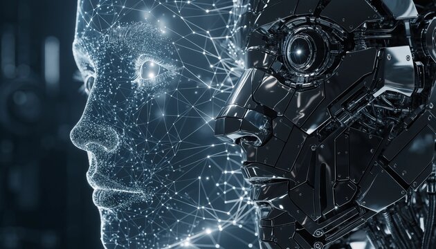 Advanced digital hologram showing a human head intersecting with a robotic AI interface, representing the powerful partnership between human intelligence and machine learning technology today.
