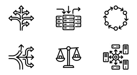 Naklejka premium Data Flow and Network Icons: Server, Balance, Branching Arrows, Circular Arrows, Data Distribution, Decision Paths