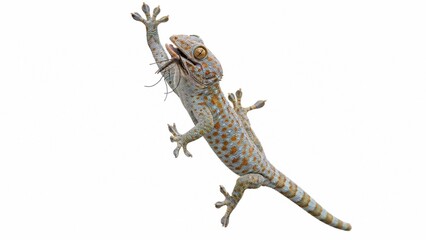 Naklejka premium Fantasy-inspired gecko with vibrant colors catching a glowing mosquito, highly detailed artwork, isolated on pure white background