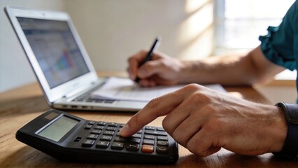 Fototapeta premium Close-up of accountant using calculator and laptop for financial analysis, business budgeting and tax calculation concept with focus on hand pressing numbers and writing notes in