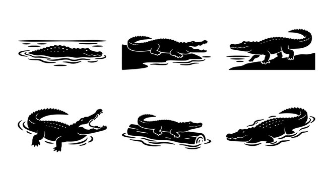 Alligator Vector Icons Set, Reptile Wildlife Silhouettes, Swamp Creatures Collection, Nature Animal Graphics