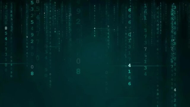 Abstract digital rain of glowing green binary numbers falling on a dark technological background