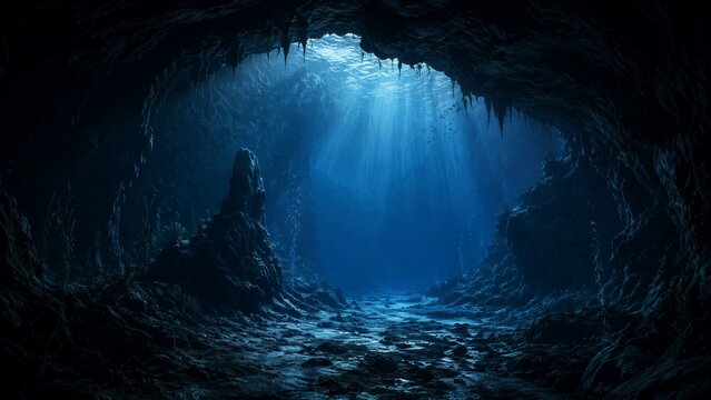 Underwater cave illuminated by light rays in sea cavern