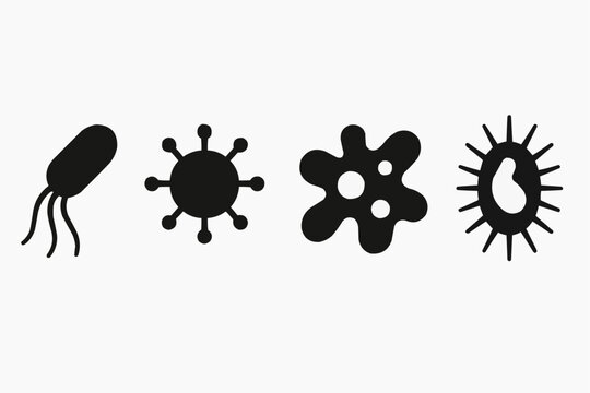 Set of virus and microbe flat black icons isolated on white