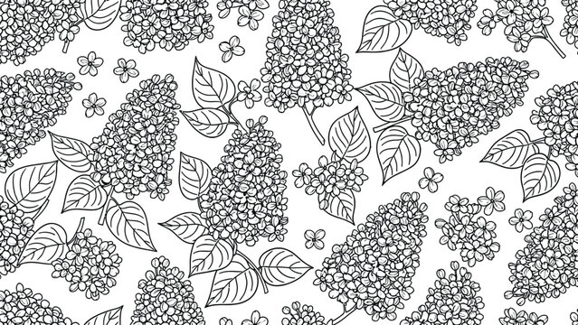 Black and white outline pattern of lilac flowers and leaves, delicate floral drawing for coloring books or decorative backgrounds.