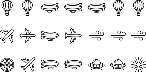 Air Transportation and Aviation Line Icon Set Featuring Airplane Hot Air Balloon Zeppelin and UFO © Shukimon