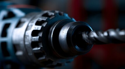 Fototapeta premium Close up view of an industrial electric drill mechanism showcasing cool metallic tones and detailed texture