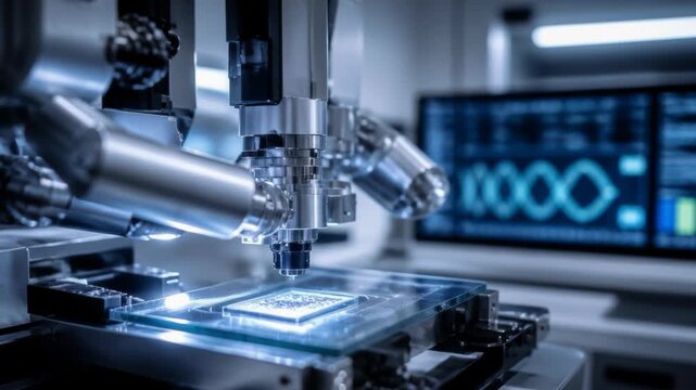 High Precision Robotic Arm Works on Microchip Assembly in Advanced Laboratory with Data Monitoring on Screen