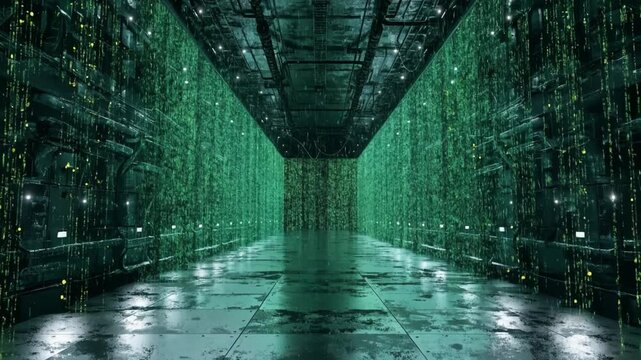 Futuristic digital data stream flowing through a dark industrial corridor with green matrix code cascading down walls
