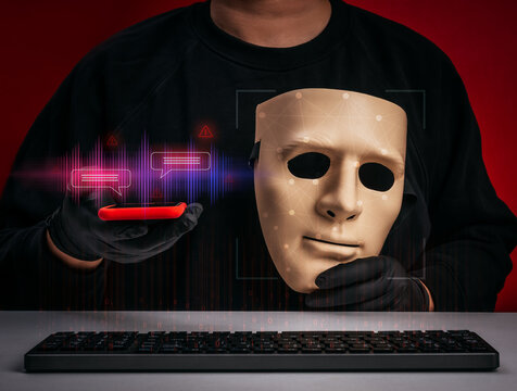 Cybercriminal holding mask with AI voice scam interface and digital identity manipulation concept. Voice cloning, deepfake crime, impersonation fraud, artificial intelligence cyber threats concept.