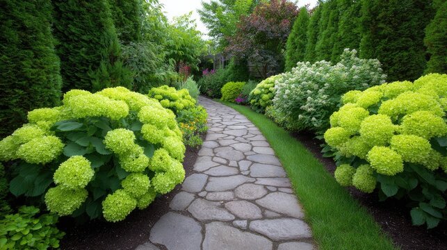 Lush Green Pathway Surrounded by Beautiful Vibrant Flowers and Green Foliage in a Serene Garden Setting Ideal for Relaxation and Nature Appreciation