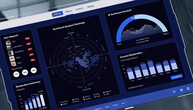 Modern Content Moderation Dashboard Displaying AI Analysis and User Reports