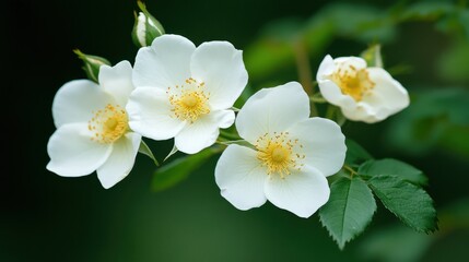 Fototapeta premium White wild rose flowers blooming on branch with dark green blurred background