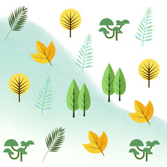 Fototapeta premium Set of decorative nature elements with stylized trees leaves and forest mushrooms for graphic design