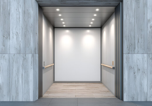 Interior perspective of an elevator cabin with wooden accents and integrated lighting, viewed straight ahead