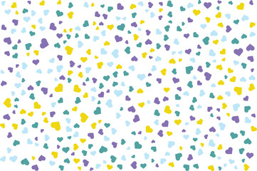 Fototapeta premium Colorful heart pattern background with purple yellow green and blue hearts on white