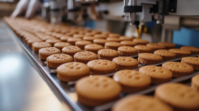 Industrial production line of freshly baked cookies in a food factory