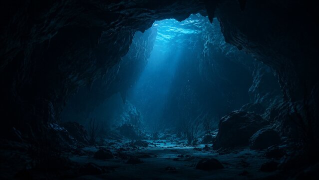 Underwater cave illuminated by sunlight beams in ocean