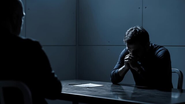 Tense Interrogation Scene A Man Bowed in Despair Faces an Unseen Interrogator in a Stark Room
