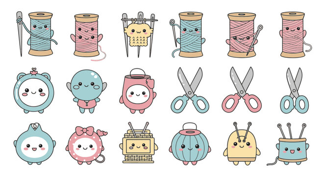 Set of cute kawaii sewing and crafting tool characters including thread spools, needles, scissors, and yarn balls with smiling faces in soft pastel colors on white.
