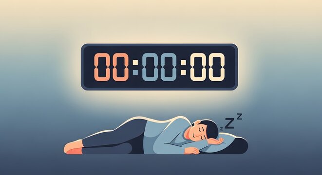 Man sleeping peacefully on a pillow beneath a large digital timer showing zero hours remaining