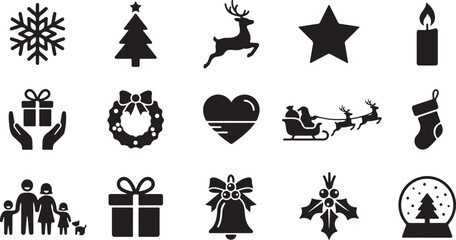 Minimalist black and white christmas vector illustration set featuring various holiday icons like santa reindeer tree star and snowflake elements © Shehzad 