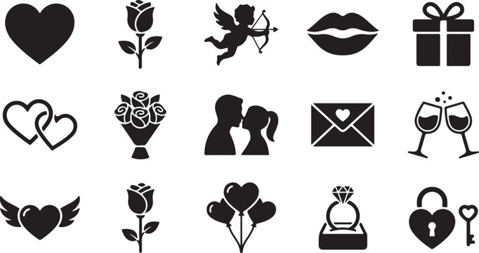 Collection of fifteen black valentine day vector icons featuring romantic symbols like hearts roses cupid rings and gift boxes design
