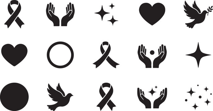 Set of black vector graphic icons featuring heart shapes peace doves awareness ribbons open hands and shining sparkling star elements