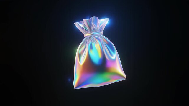 Iridescent drawstring bag glowing against a dark background, holographic rainbow sheen, soft highlights and reflections, minimalist studio lighting