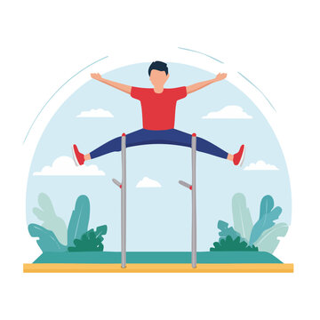 Man performing split jump on parallel bars in park