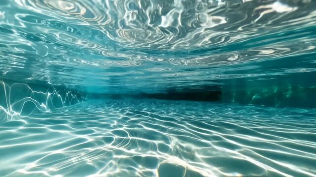 Underwater View of Crystal Clear Swimming Pool Water with Sunlight Caustics and Gentle Ripples
