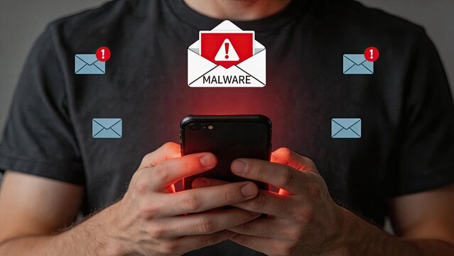 Mobile security threat warning with malware email alert on smartphone screen, cybersecurity concept showing phishing attack and digital danger to personal data privacy