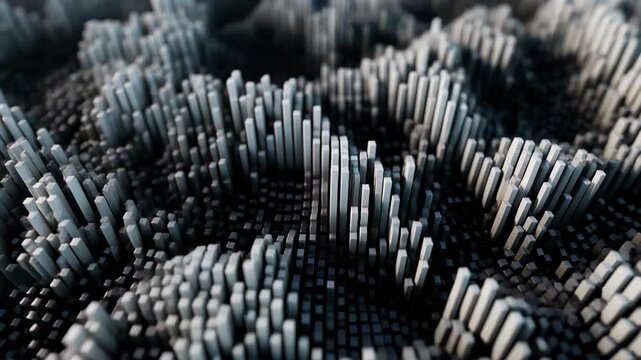 Abstract field of vertical rectangular pillars forming wave-like cityscape in monochrome tones, shallow depth-of-field, cinematic lighting