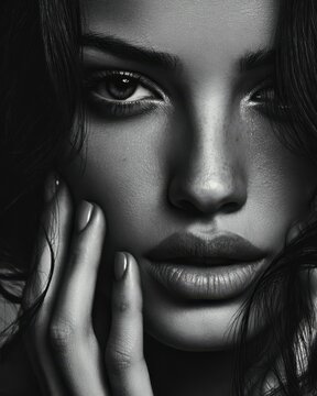 Dramatic black and white close-up portrait of beautiful young woman with freckles touching her face sensually