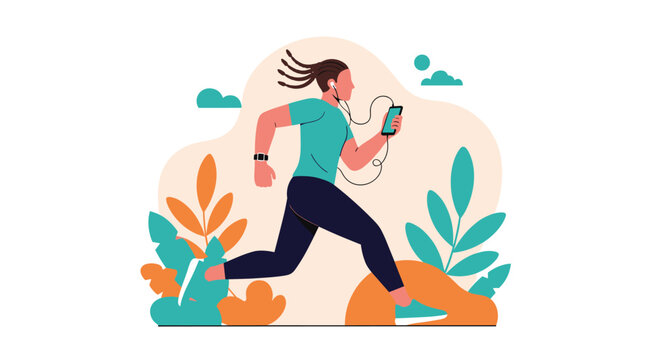 Active young woman with dreadlocks jogging in a park while listening to music on her smartphone with headphones and a fitness tracker.