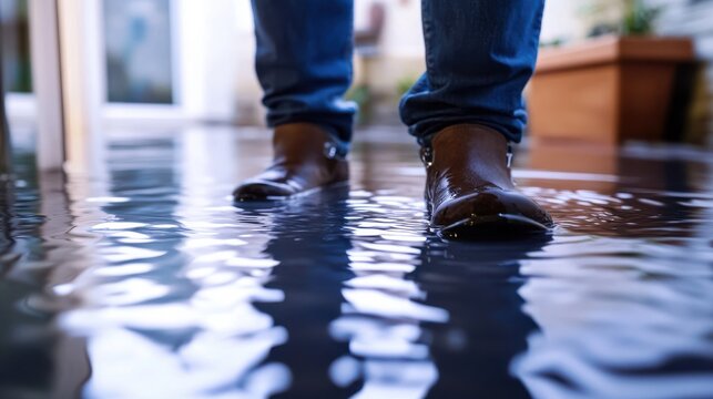 Low angle view of a person standing in a flooded room with water damage