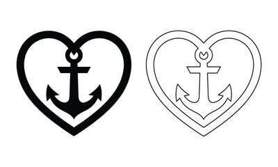Heart with anchor icon set in black and line art style. © MST MOMATAJ