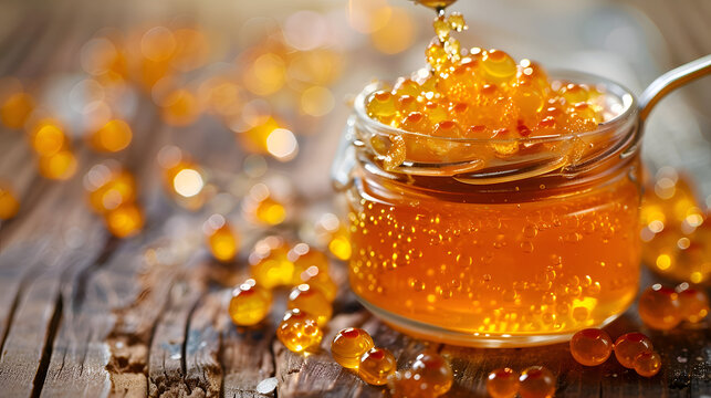 Golden salmon roe in glass jar on rustic wooden table under sunlight