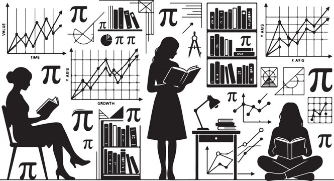 Professional vector illustration depicting silhouettes of women studying mathematics with various charts graphs books and the pi symbol displayed clearly
