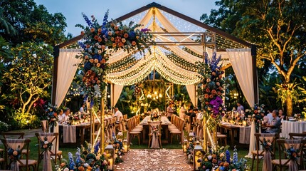 Obraz premium Stunning outdoor wedding setup with elegant decor and vibrant floral arrangements.