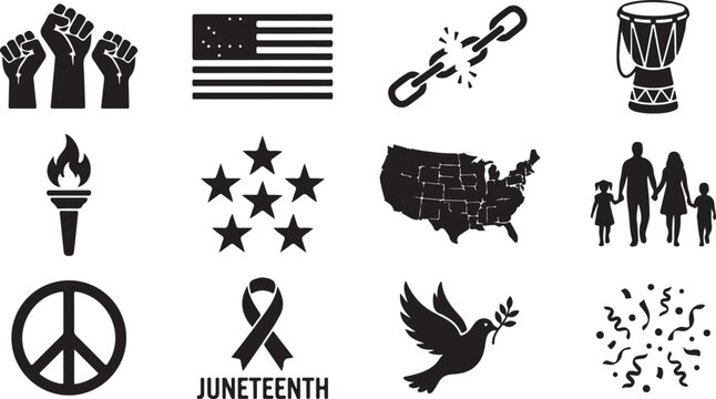 Detailed black vector graphic illustration featuring various juneteenth celebration icons including raised fists and a broken metal chain link design