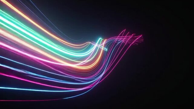 Vibrant neon light trails abstract background with glowing lines of vibrant colors on black space and modern light effects in motion