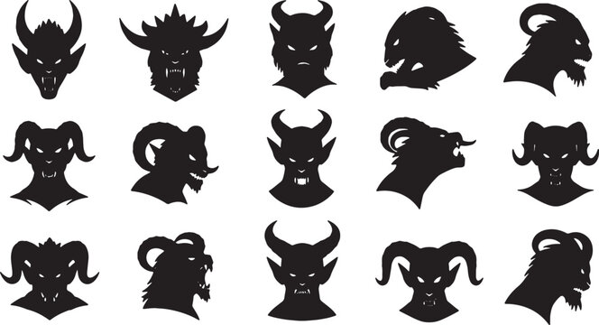 Collection of fifteen black silhouette heads of demons, monsters, and horned mythological creatures with fangs and evil expressions isolated on a white background vector set.